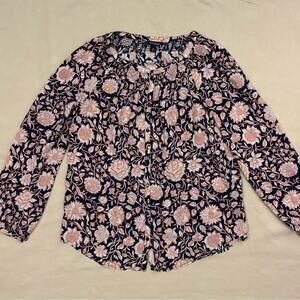 Lucky Brand Navy and Coral Button Front Floral Print Blouse Women’s Size Medium